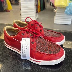 Twisted X Red Leather Women's Sneakers with Tooled Floral Vamp
